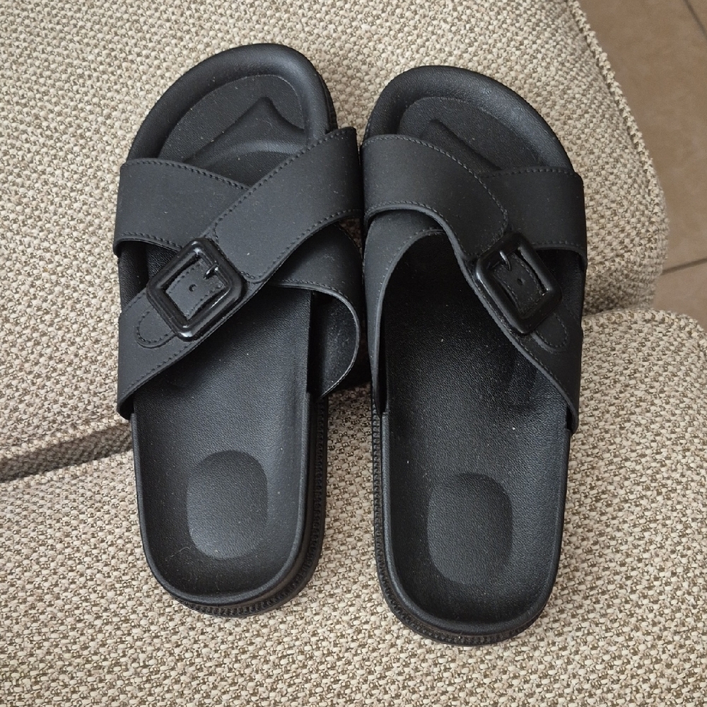 Women Black Slide Sandals with Buckle